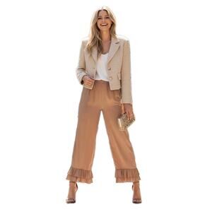 Y2k French Style Satin Chiffon Wide Leg Pants Sz XL Bronze Ruffle Hems Glam Boho